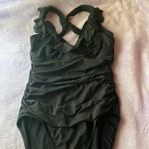 Black one piece ruffle top swimsuit